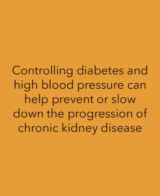 Yellow background with text that reads "Controlling diabetes and high blood pressure can help prevent or slow down the progression of chronic kidney disease"